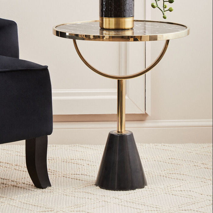 Oria Black Glass and Marble Side Table with Gold Finish Frame
