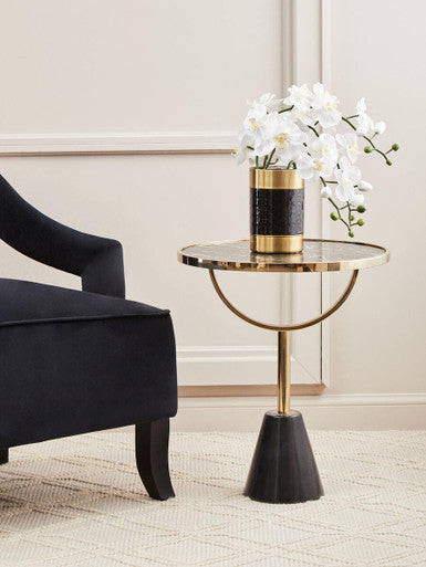 Oria Black Glass and Marble Side Table with Gold Finish Frame