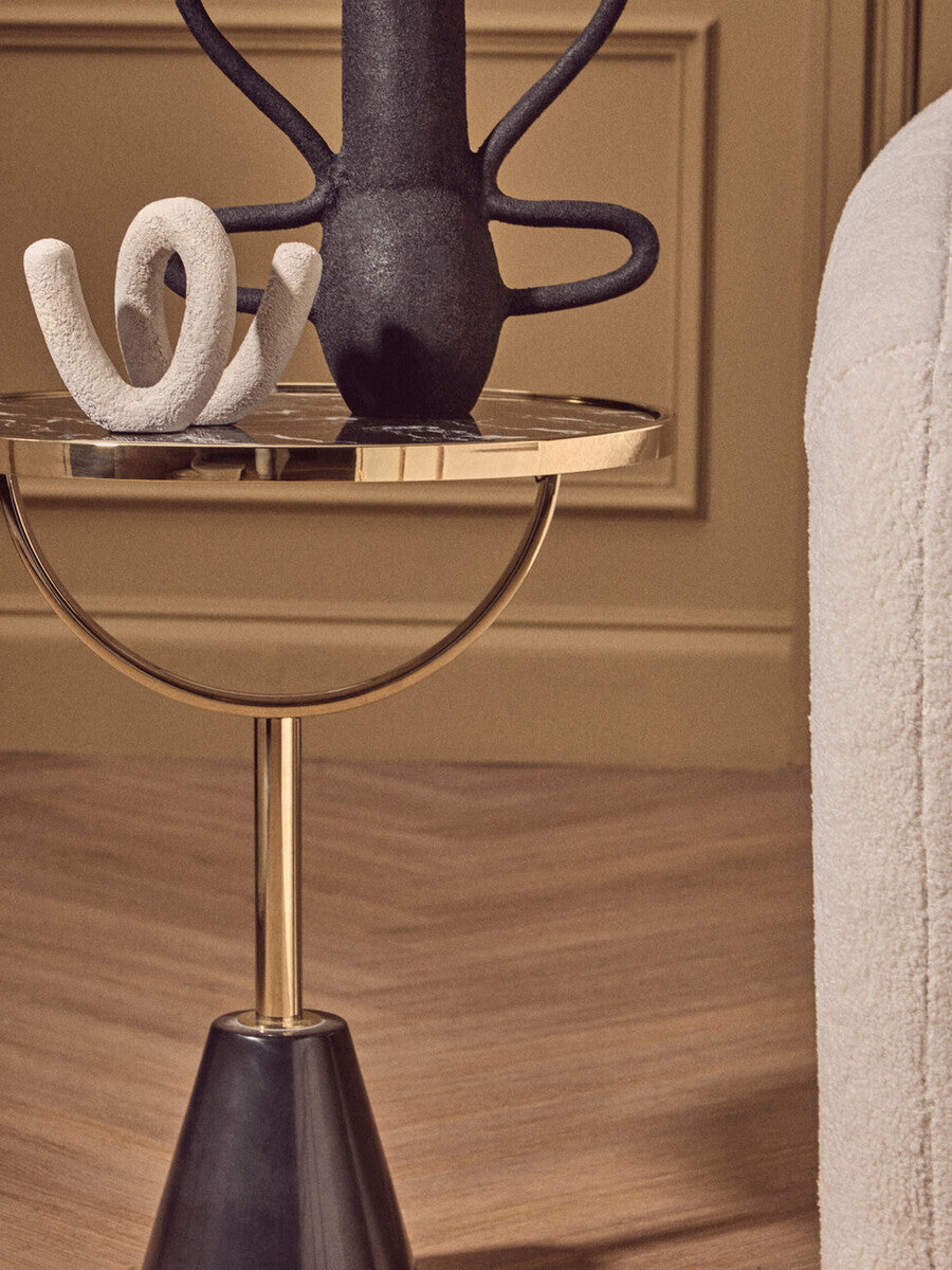 Oria Black Glass and Marble Side Table with Gold Finish Frame