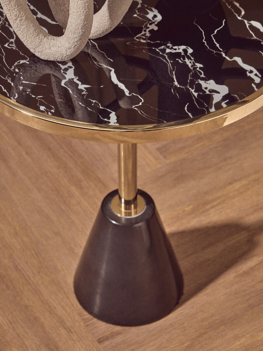 Oria Black Glass and Marble Side Table with Gold Finish Frame