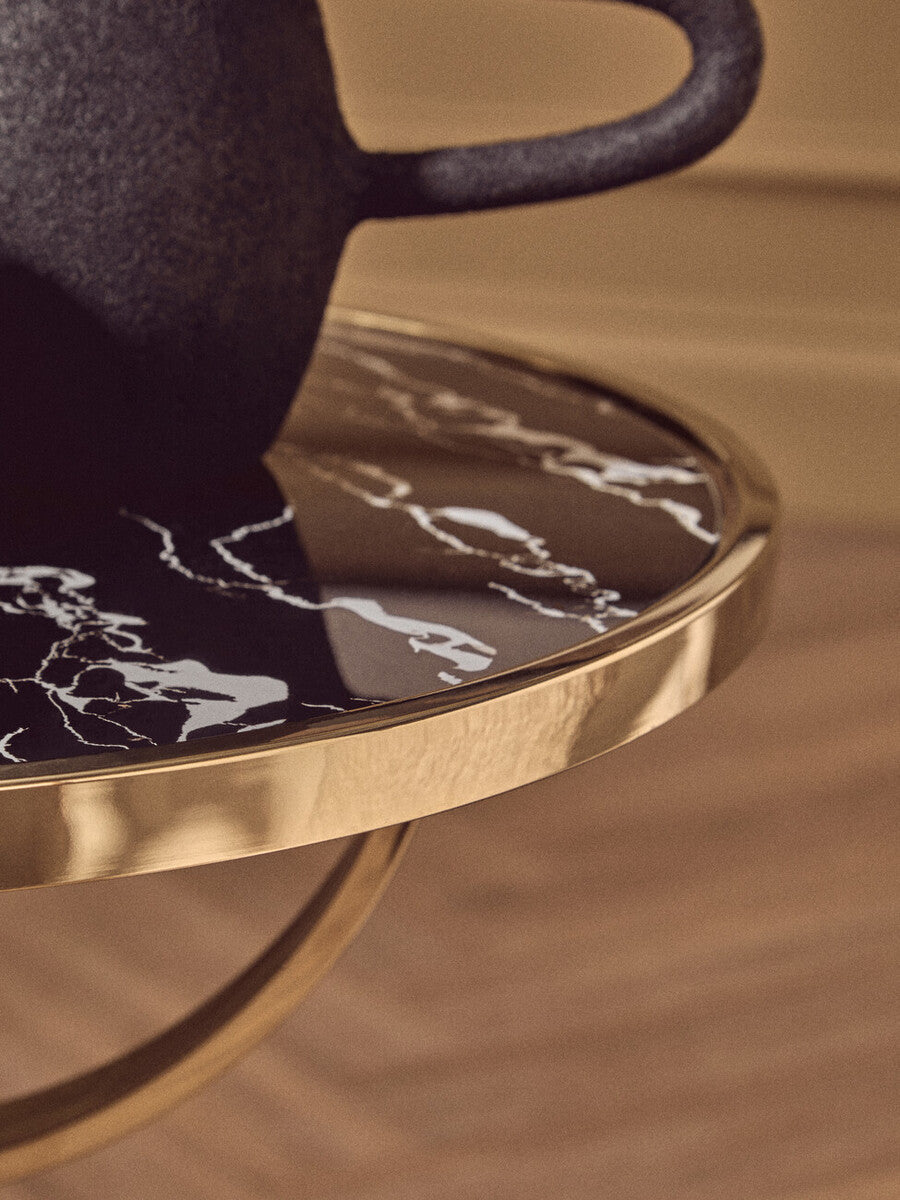 Oria Black Glass and Marble Side Table with Gold Finish Frame