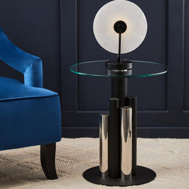 Oria Clear Glass Round Side Table with Silver and Black Base