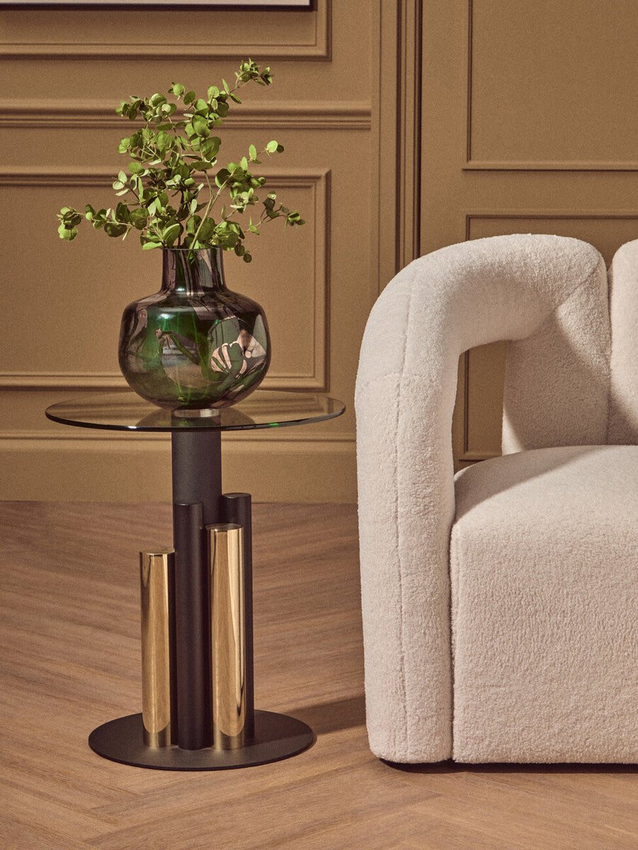 Oria Clear Glass Round Side Table with Gold and Black Base