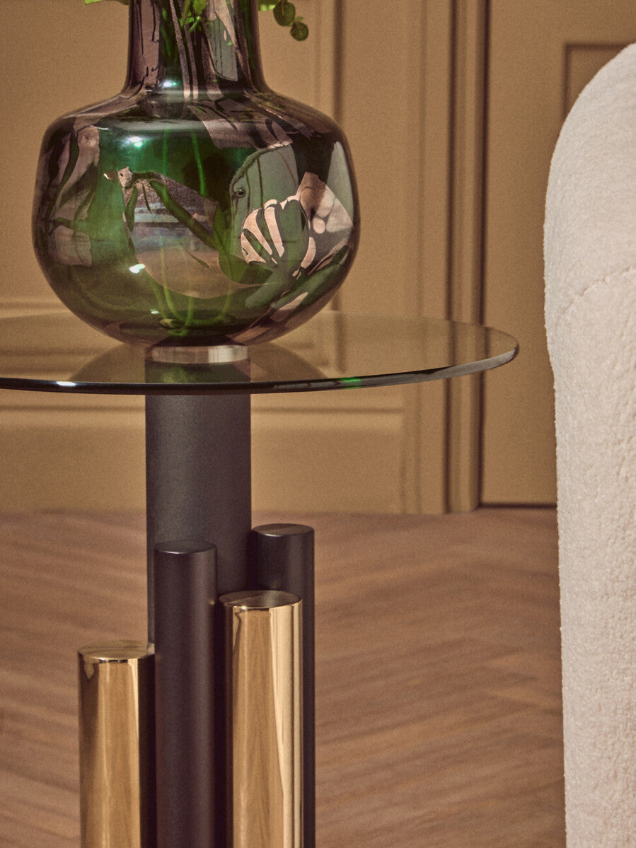 Oria Clear Glass Round Side Table with Gold and Black Base