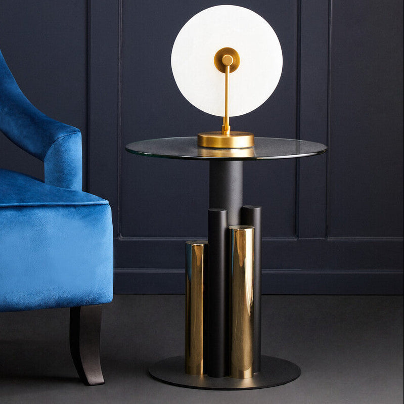 Oria Clear Glass Round Side Table with Gold and Black Base