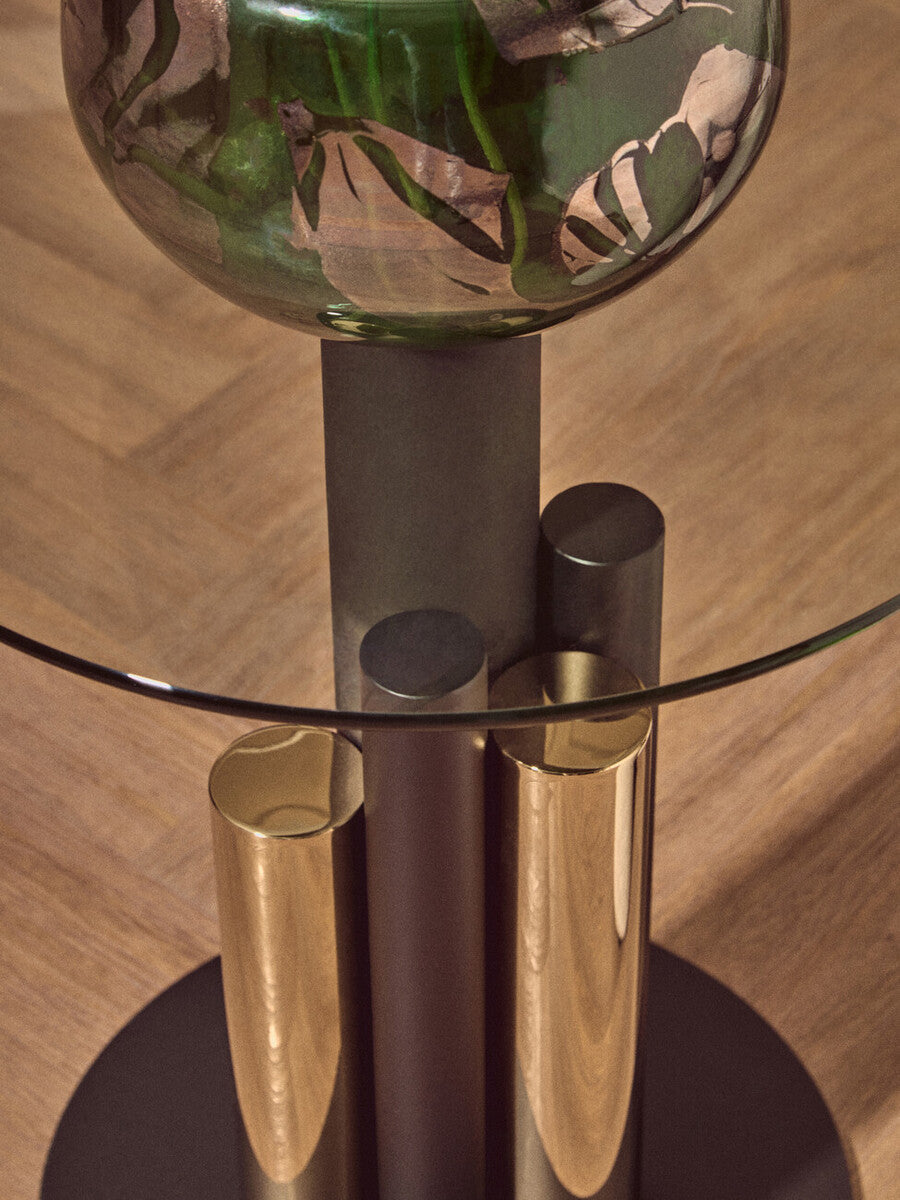 Oria Clear Glass Round Side Table with Gold and Black Base