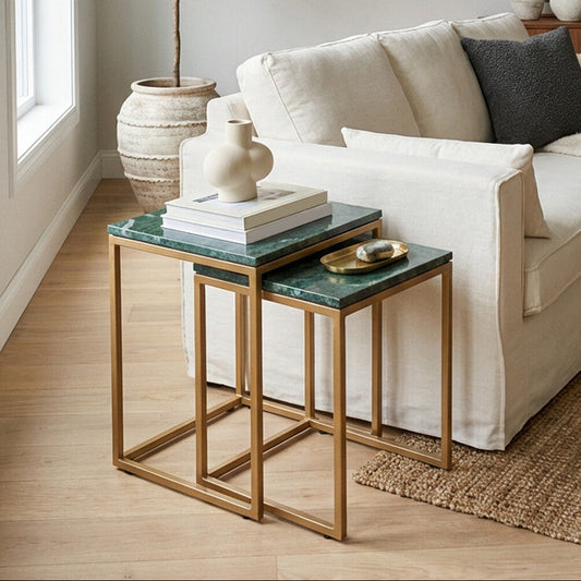 Varana Green Marble and Gold Finish Set of 2 Nesting Tables