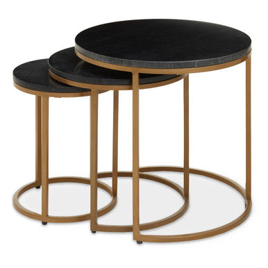 Varana Black Marble and Gold Finish Set of 3 Nesting Round Tables