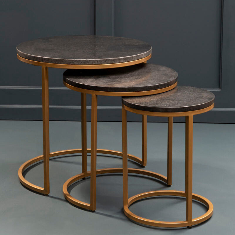 Varana Black Marble and Gold Finish Set of 3 Nesting Round Tables