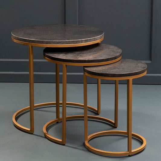 Varana Black Marble and Gold Finish Set of 3 Nesting Round Tables
