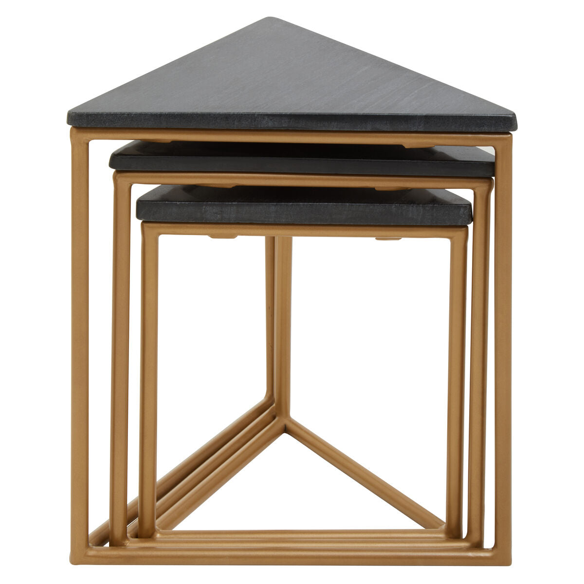 Set of 3 Black Marble Triangular Nesting Tables with Matte Gold Metal Frames | Varana