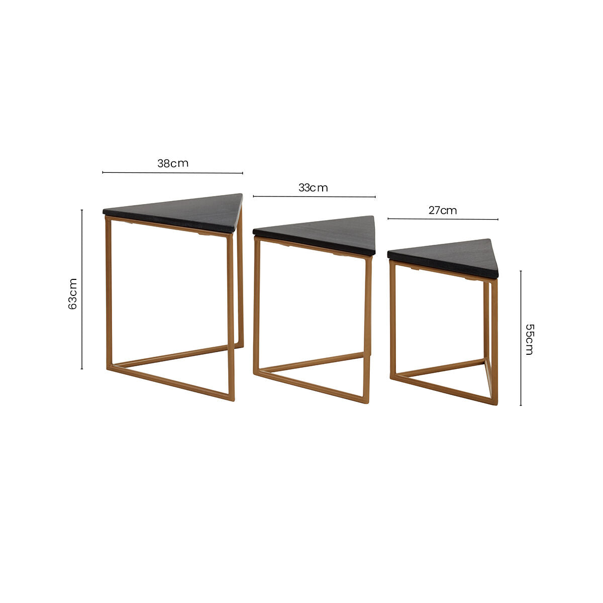 Set of 3 Black Marble Triangular Nesting Tables with Matte Gold Metal Frames | Varana