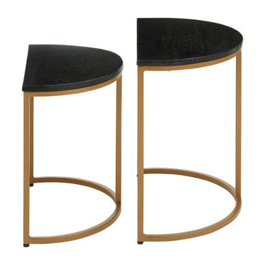 Varana Black Marble and Gold Finish Set of 2 Half Moon Nesting Tables