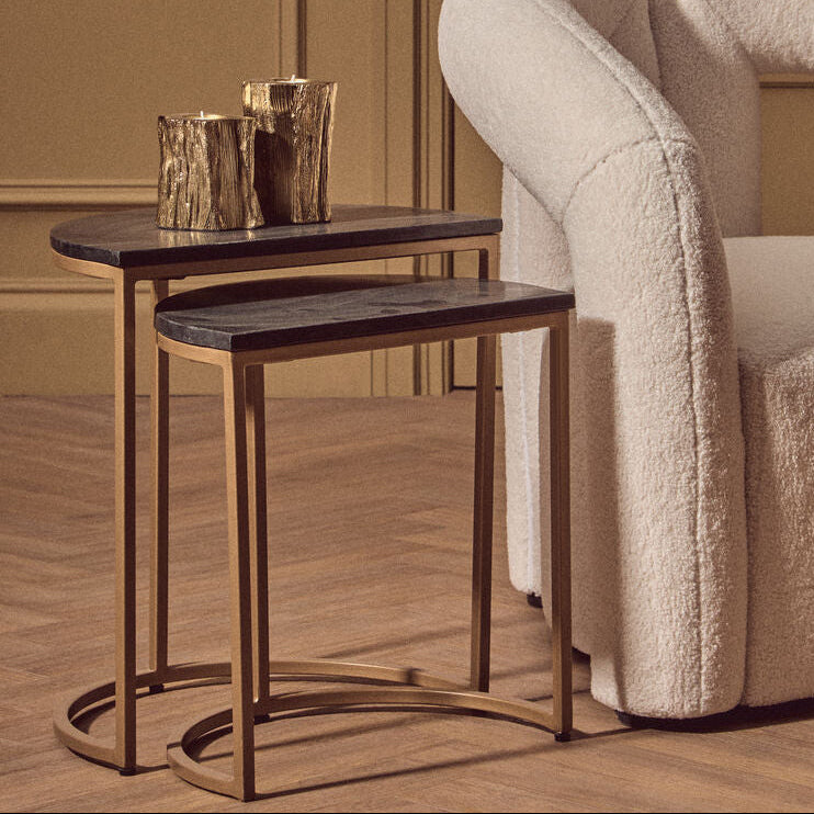 Varana Black Marble and Gold Finish Set of 2 Half Moon Nesting Tables