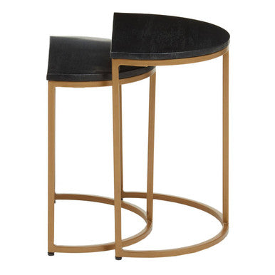 Varana Black Marble and Gold Finish Set of 2 Half Moon Nesting Tables