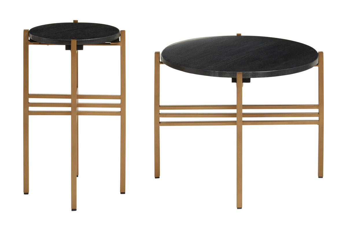 Set of 2 Black Round Marble Top Side Tables with Gold Finish Geometric Metal Bases | Varana