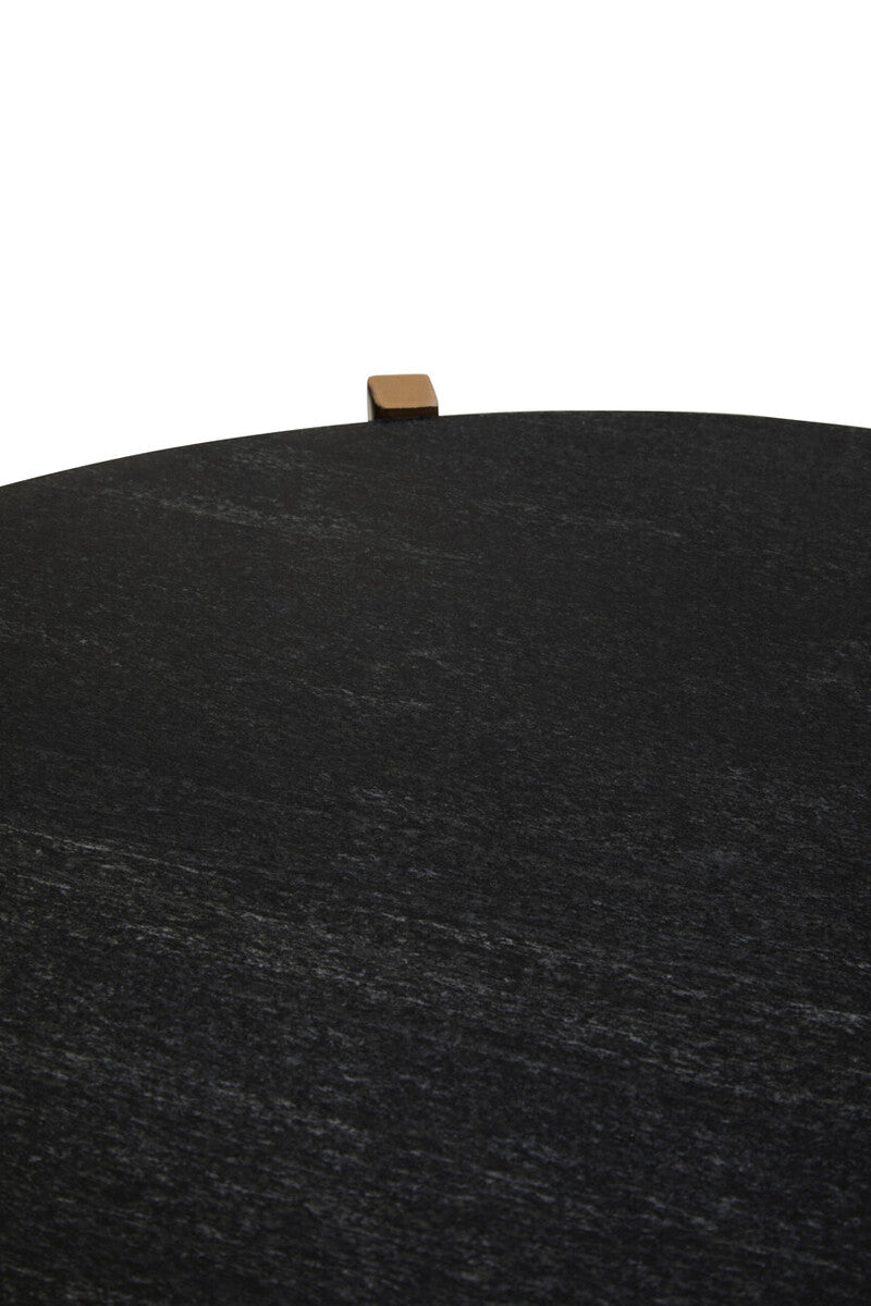 Set of 2 Black Round Marble Top Side Tables with Gold Finish Geometric Metal Bases | Varana