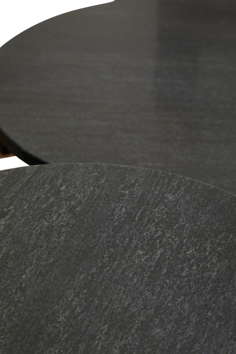 Set of 2 Black Round Marble Top Side Tables with Gold Finish Geometric Metal Bases | Varana