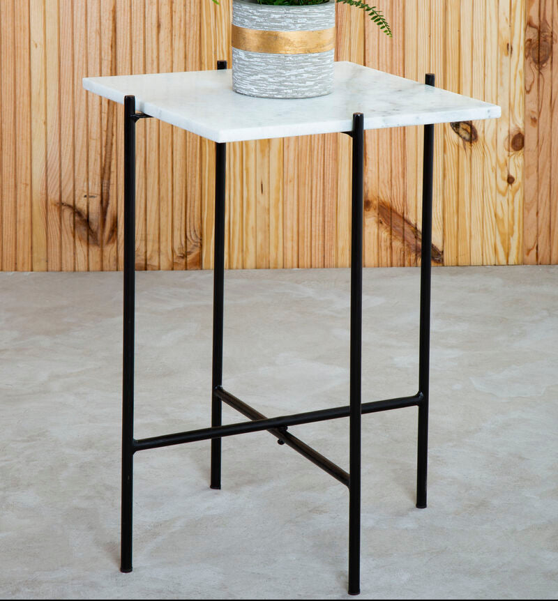 Mandoli White Marble and Black Finish Side Table