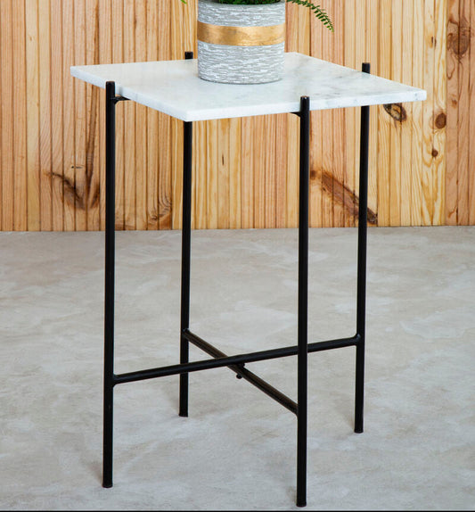 Mandoli White Marble and Black Finish Side Table