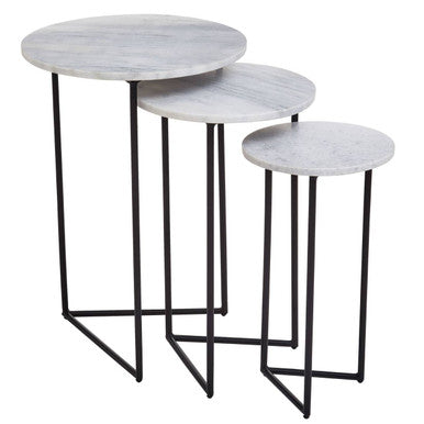 Mandoli White Marble and Black Finish Set of 3 Nesting Tables