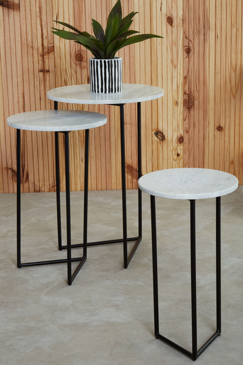 Mandoli White Marble and Black Finish Set of 3 Nesting Tables