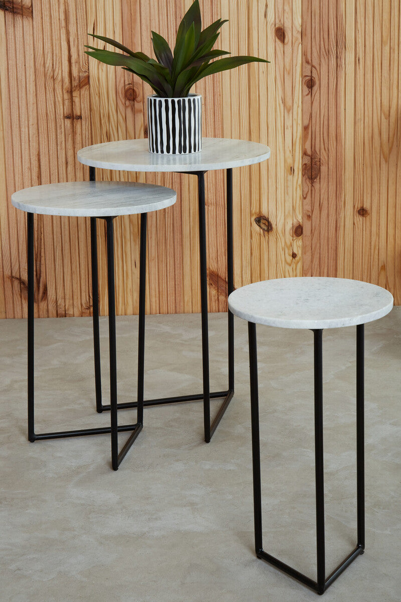 Mandoli White Marble and Black Finish Set of 3 Nesting Tables