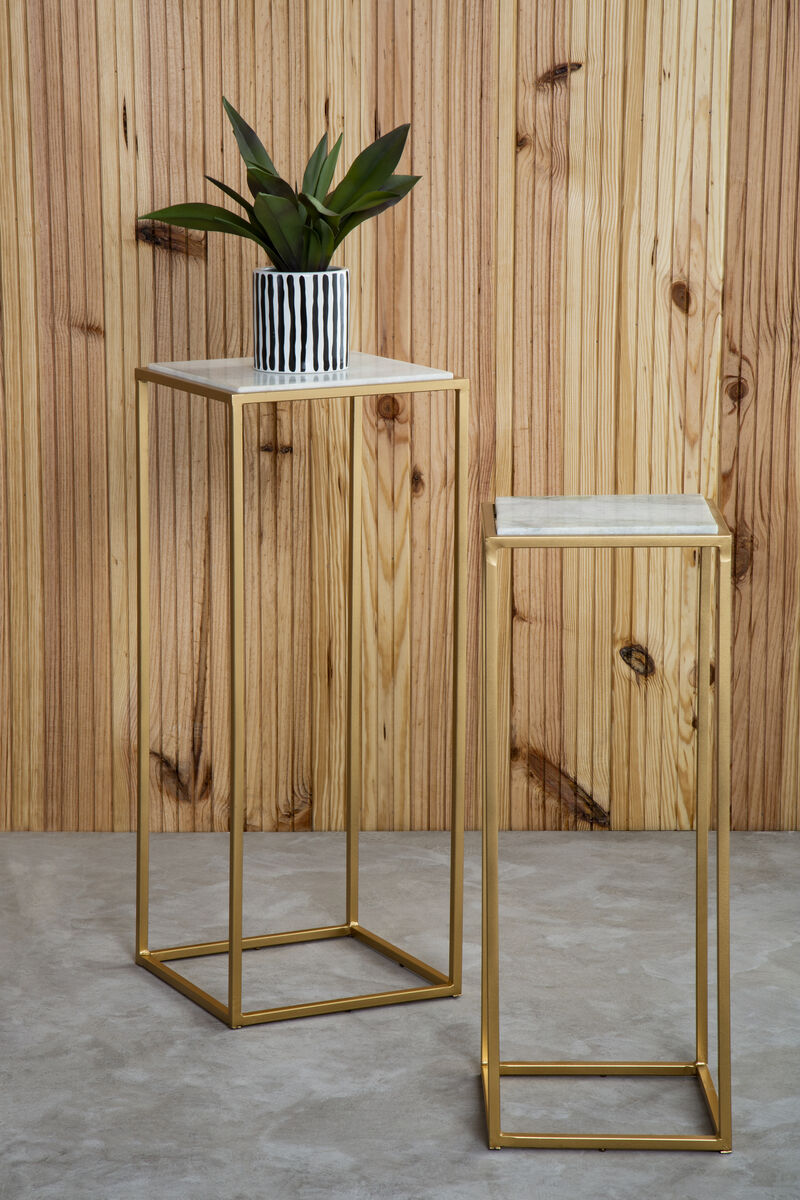 Mandoli White Marble and Gold Finish Set of 2 Square Nesting Tables