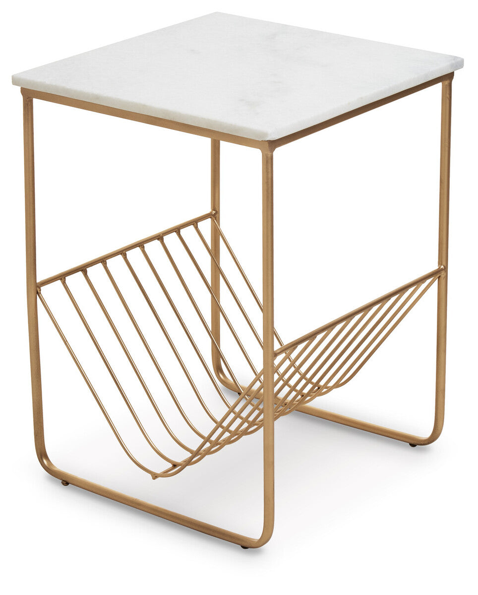 Mandoli White Marble and Gold Finish Side Table with Magazine Rack