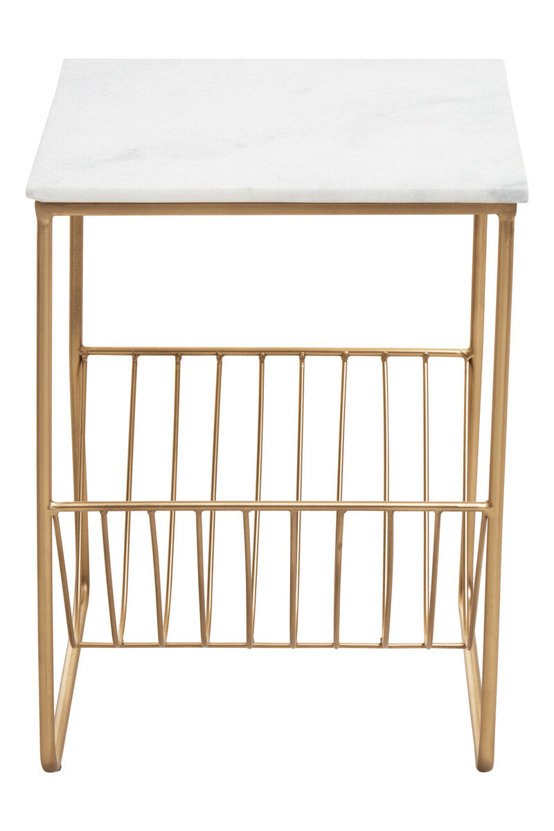 Mandoli White Marble and Gold Finish Side Table with Magazine Rack