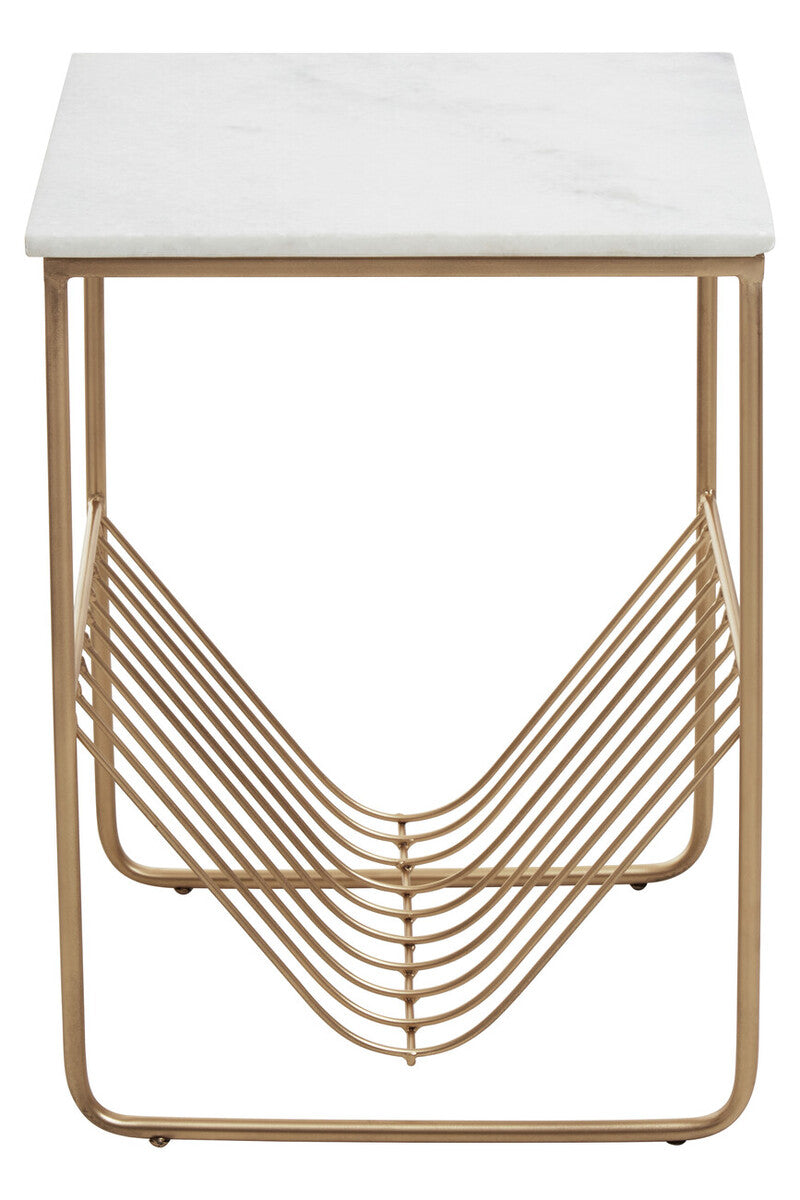 Mandoli White Marble and Gold Finish Side Table with Magazine Rack