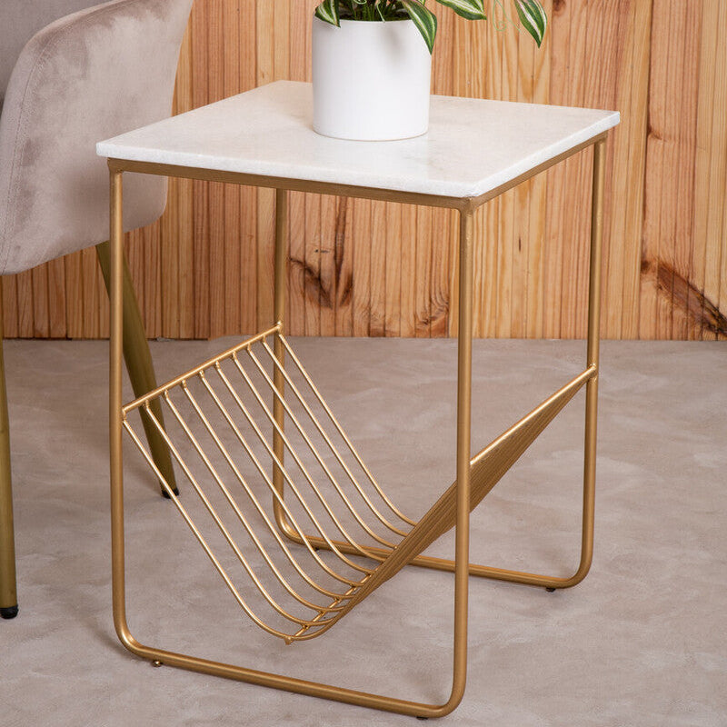 Mandoli White Marble and Gold Finish Side Table with Magazine Rack