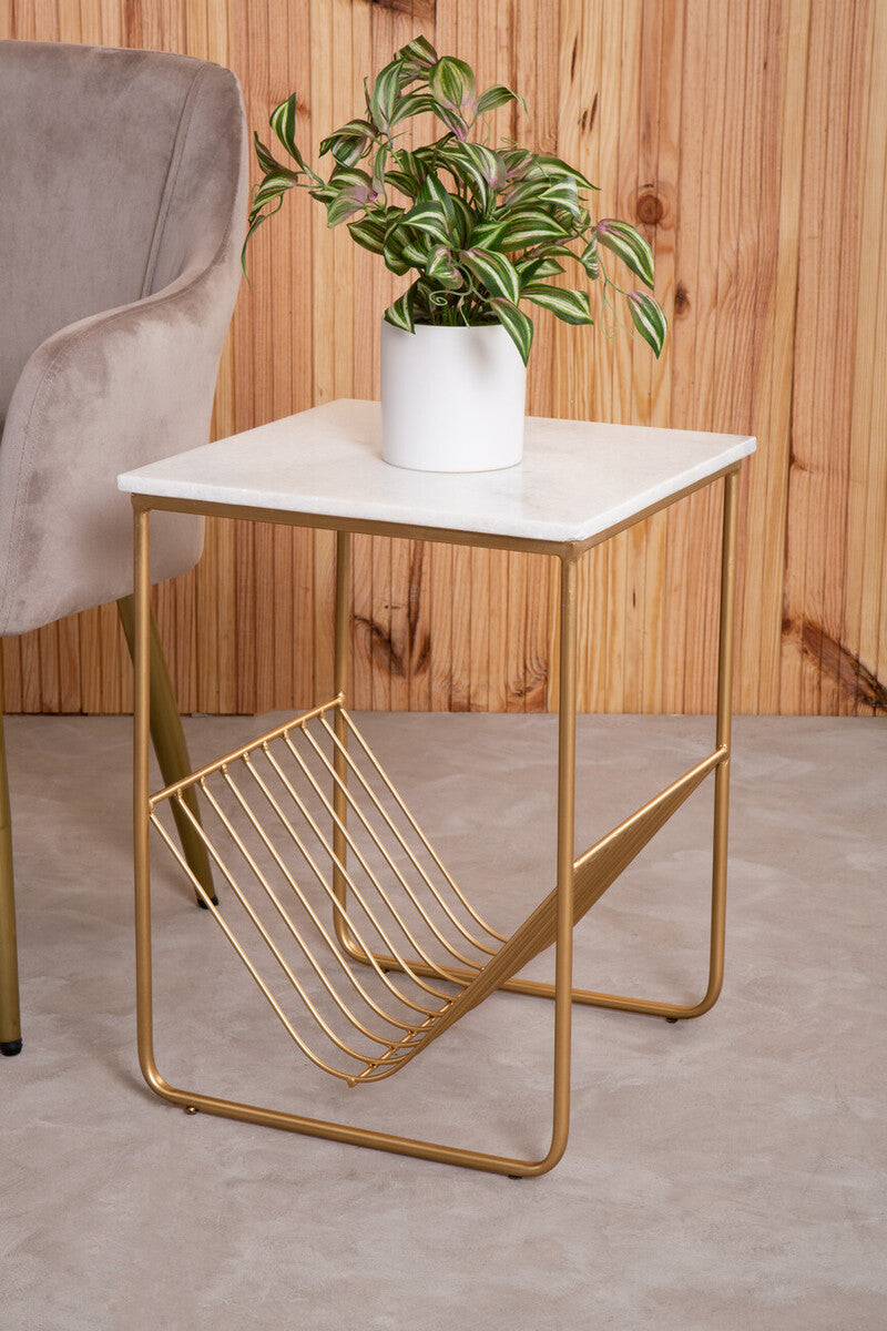 Mandoli White Marble and Gold Finish Side Table with Magazine Rack