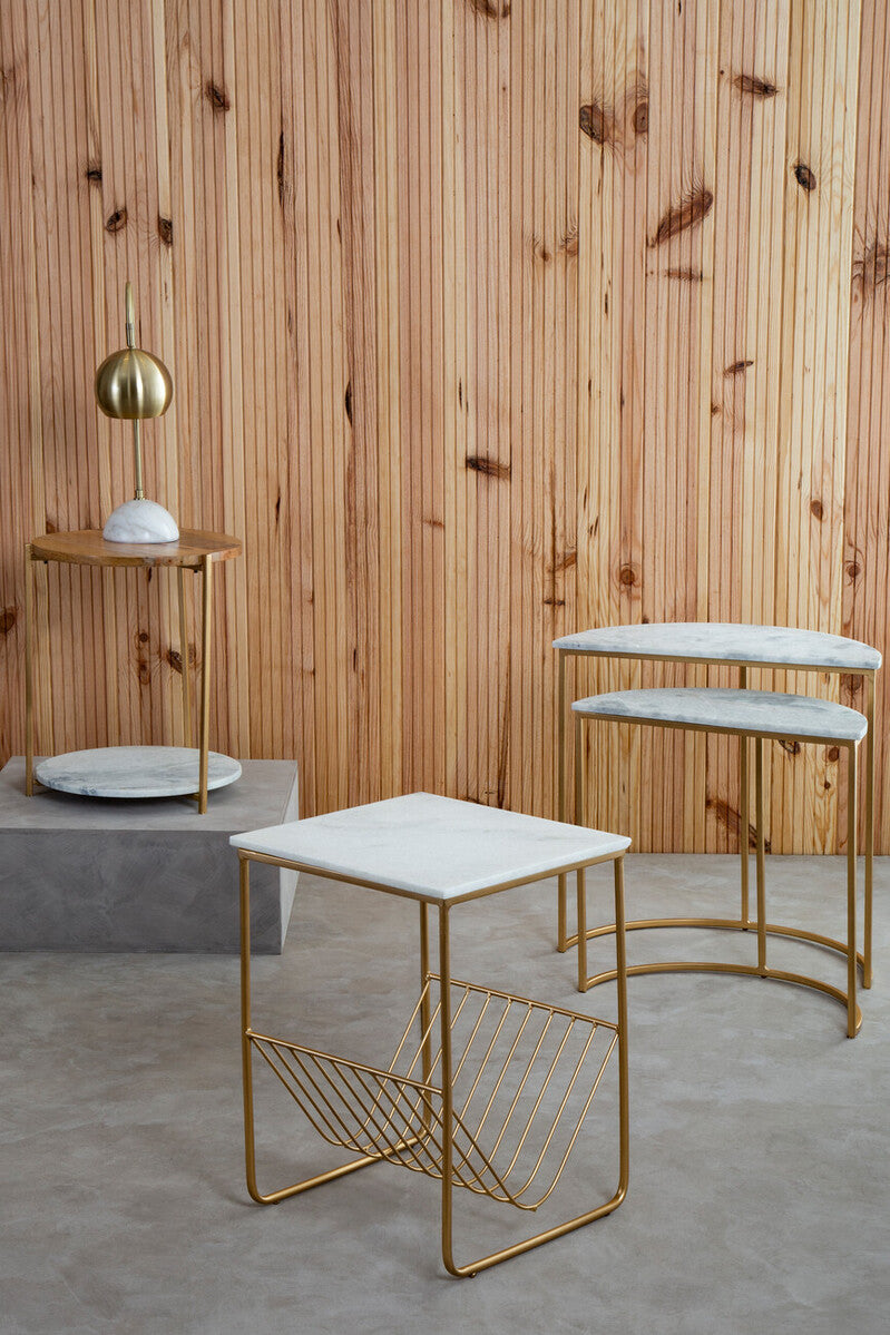 Mandoli White Marble and Gold Finish Side Table with Magazine Rack