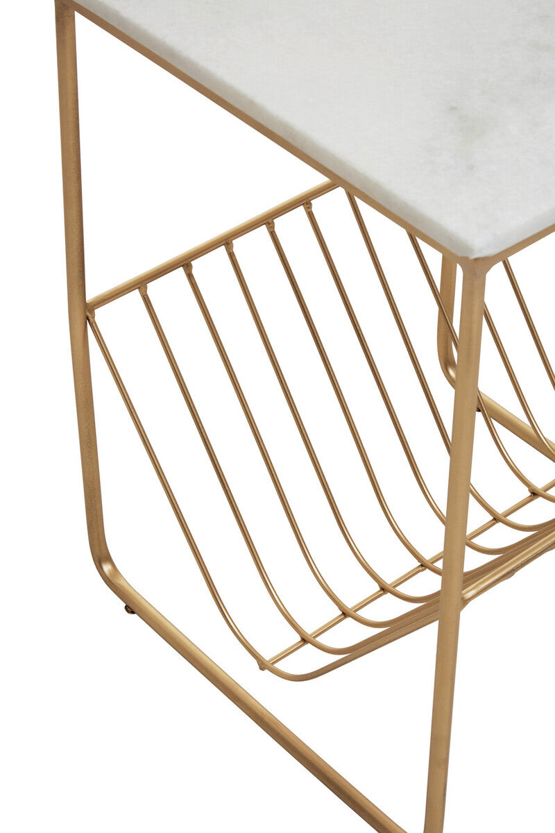 Mandoli White Marble and Gold Finish Side Table with Magazine Rack