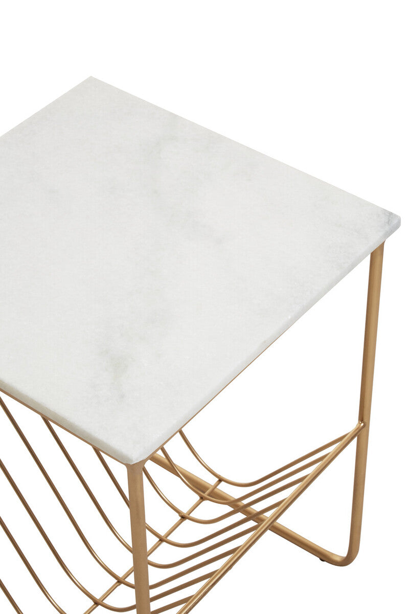 Mandoli White Marble and Gold Finish Side Table with Magazine Rack