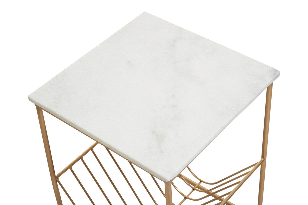 Mandoli White Marble and Gold Finish Side Table with Magazine Rack