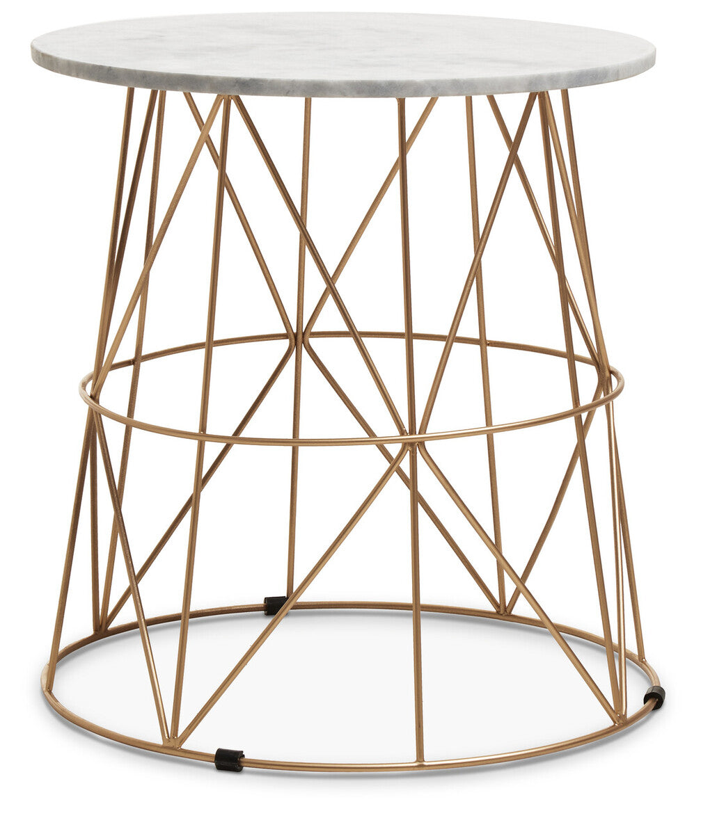 Mandoli White Marble and Gold Finish Round Side Table