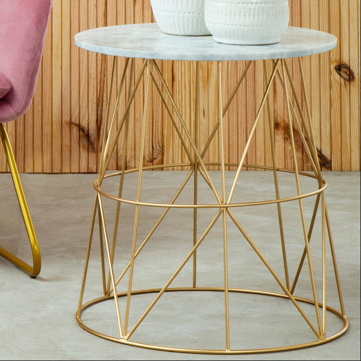 Mandoli White Marble and Gold Finish Round Side Table