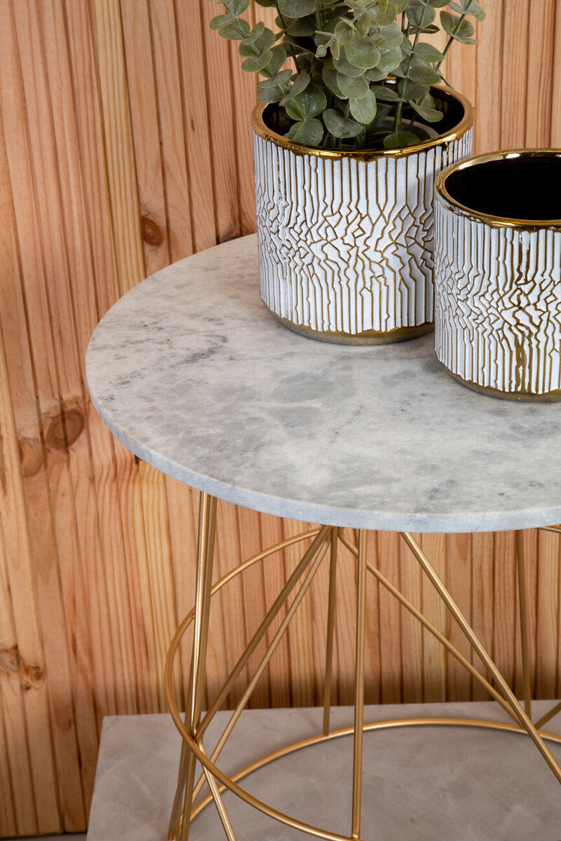 Mandoli White Marble and Gold Finish Round Side Table