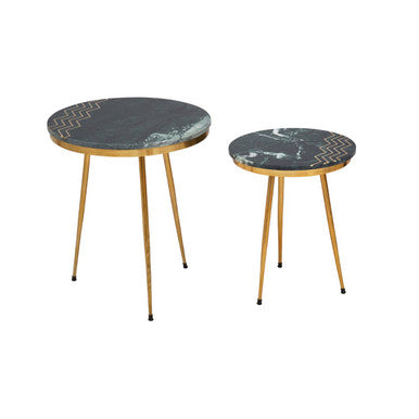 Nirav Green Marble and Gold Finish Set of 2 Side Tables