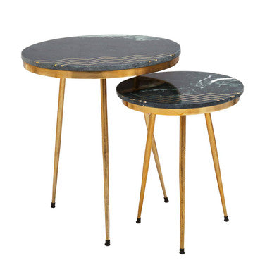 Nirav Green Marble and Gold Finish Set of 2 Side Tables