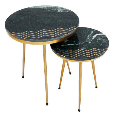 Nirav Green Marble and Gold Finish Set of 2 Side Tables