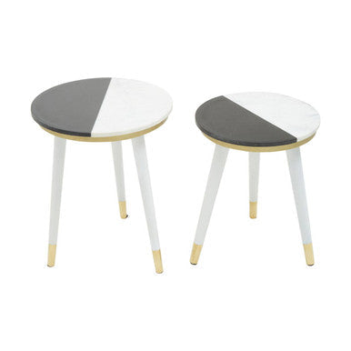 Nirav Black and White Marble Set of 2 Side Tables