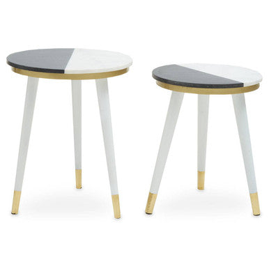 Nirav Black and White Marble Set of 2 Side Tables