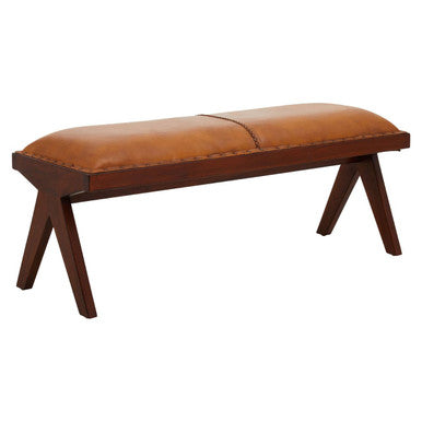 Inca Tan Leather and Teak Wood Bench