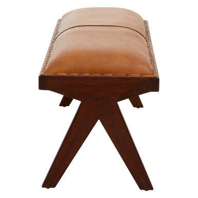 Inca Tan Leather and Teak Wood Bench