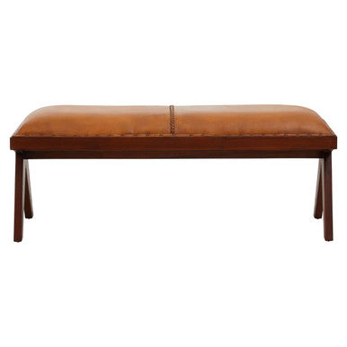 Inca Tan Leather and Teak Wood Bench