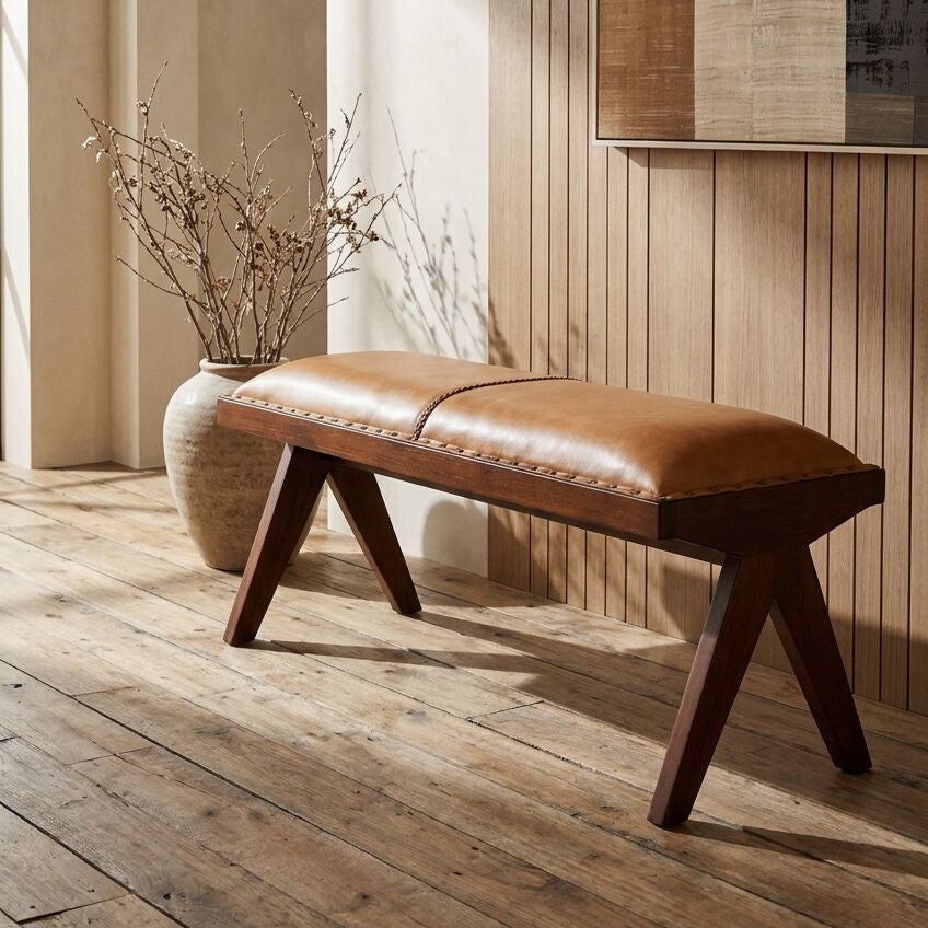 Inca Tan Leather and Teak Wood Bench