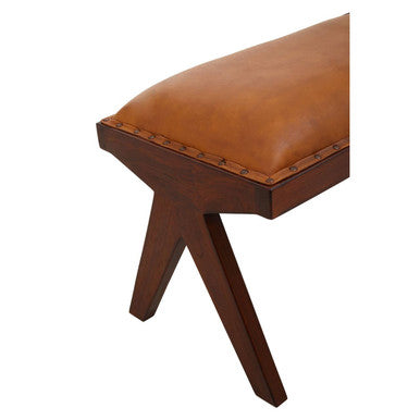 Inca Tan Leather and Teak Wood Bench